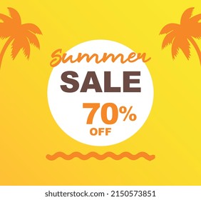 70% off discount for purchases. Vector illustration of promotion for summer sales. Coconut trees, sun, sea. Design for social media, banner, poster, ads, marketing, retail stores.