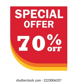 70% OFF Discount Symbol. Red Tag Isolated Vector Illustration. Orange Yellow Background. Special Discount Offer Label, Vector Price Discount Sticker.