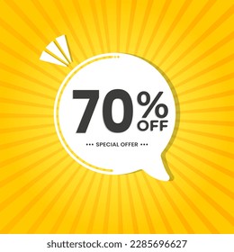 70% de descuento. Vector de descuento para ventas, etiquetas, promociones, ofertas, stickers, banners, etiquetas y stickers web. Nueva oferta. Emblema blanco de globo de descuento sobre fondo amarillo.