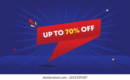 Up to 70% Off editable web banner vector art illustration badge icon label template design with red gradient shapes blue dark light sun shine abstract background high quality 4k graphics