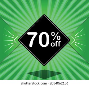 70% off. Green banner - black balloon for big sales.