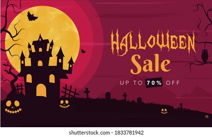 UP TO 70% Off For Halloween Sale Banner Design With Haunted House And Full Moon Graveyard View.