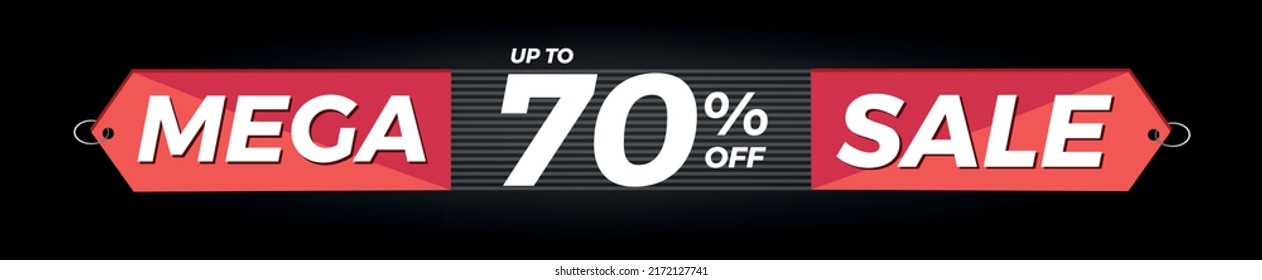 70% de descuento. Banner negro horizontal. Publicidad para Mega Venta. Hasta el setenta por ciento de descuento para promociones y ofertas.