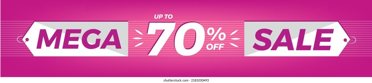 70% off. Horizontal pink banner. Advertising for Mega Sale. Up to seventy percent discount for promotions and offers.