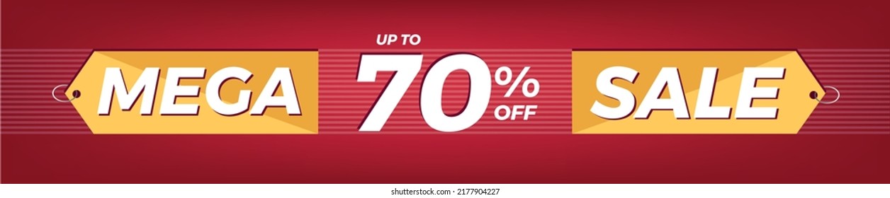 70% de descuento. Pancarta roja horizontal. Publicidad para Mega Venta. Hasta el setenta por ciento de descuento para promociones y ofertas.