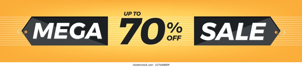 70% off. Horizontal yellow banner. Advertising for Mega Sale. Up to seventy percent discount for promotions and offers.