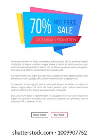 70 % off hot price premium promotion sale web poster with push buttons read more and buy now. Vector illustration banner with info about discounts