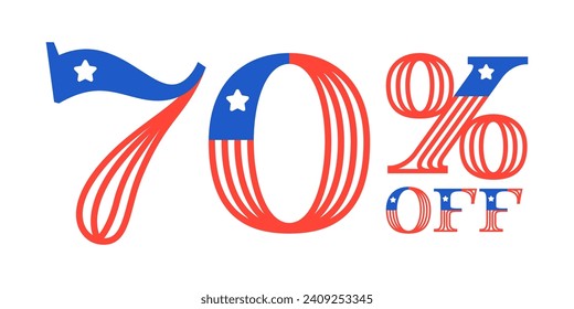 70% OFF lettering made of American flag. Serif font with Star and Stripes. Classic emblem for US history for Super Sale. 4th of July template for special price, discount offer, VIP coupon, sport store
