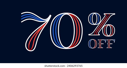 70% OFF lettering made of blue and red lines. Serif sport style font. Patriotic lettering for Super Sale. Special offer template for US history event, team uniform discount, VIP coupon, motor store.