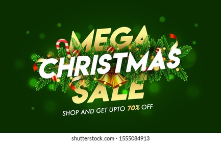 Up To 70% off for Mega Christmas Sale text decorated with jingle bell, pine leaves, baubles and lighting garland on green bokeh background for Advertising concept.