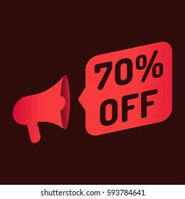 70% off. Megaphone icon. Vector illustration on dark background. Can be used business company for sale season or for black friday.