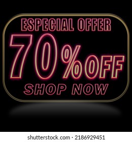 70% off. Offer price discount illustration, vector discount symbol. PREDO BALLOON WITH RED NEON ON BLACK BACKGROUND