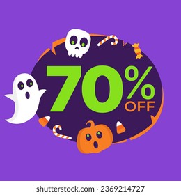 70% off on Halloween. Vector illustration of super offer in purple and orange balloon, plus halloween, ghost, skull, pumpkin and candy icons.