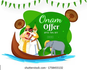 UP TO 70% Off for Onam Offer Sale Poster Design with King Mahabali, Kathakali Dancer, South Indian Man Selfie Together From Smartphone, Elephant and Aranmula Boat.