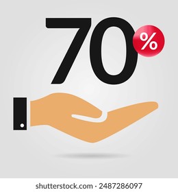70% off promotion. Seventy percent of discount with hand icon. Sale symbol. Discount creative composition. Vector illustration.
