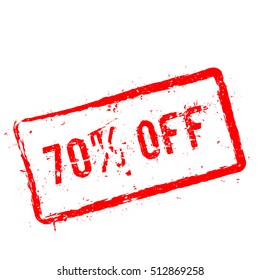 70% off red rubber stamp isolated on white background. Grunge rectangular seal with text, ink texture and splatter and blots, vector illustration.