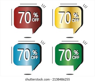 70% de descuento. Pegatinas rojas, amarillas, azules y verdes. Vector con cuatro globos coloridos para ofertas especiales