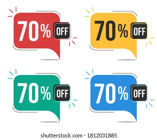 70% off. Red, yellow, green and blue tags with seventy percent discount. Banner with four colorful balloons with special offers vector.
