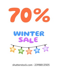 70% off  sale banner with stars. Vector illustration, cartoon style.