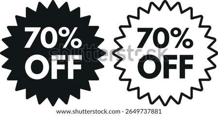 70 off sale label icon set in two styles . 70% percent off sale sticker . Vector illustration