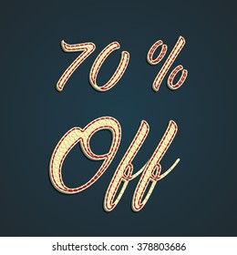 '70% Off' sale label made by leather, vector illustration