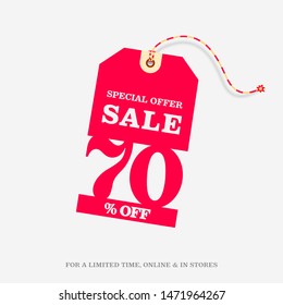 70% OFF SALE Price Tag. Special Offer Discount Web Banner Design Template. 70% Sale Limited Time Online and in Stores Promo Marketing Campaign Message Vector Design Illustration.