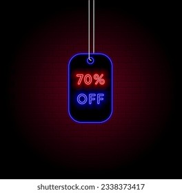 70% off. seventy percent off. neon style. best weekend sale. Special offer. limited time. neon vector illustration. bricks background. Red and black.