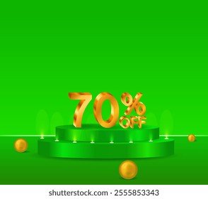 70% off shiny golden text vector in 3D style. podium with green background. golden spheres. marketing project.