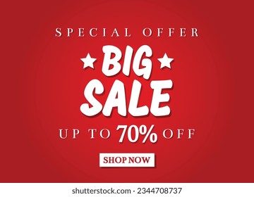70% de descuento. Oferta especial banner de gran venta, hasta 70% de descuento ahora. Banner de venta masiva para plantilla de medios sociales aislado en fondo de gradiente rojo