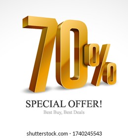 70% Off Special Offer Gold 3D Digits Banner, Design Template Icon Seventy Percent. Sale, Discount. Glossy Vector Numbers. Illustration Isolated On White Background.