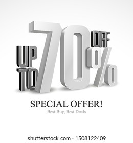 Up To 70% Off Special Offer Silver 3D Digits Banner, Template Seventy Percent. Sale, Discount. Grayscale, Metal, Gray, Glossy Numbers. Illustration Isolated On White Background. Ready For Your Design.