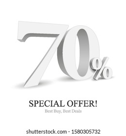 70% Off Special Offer Silver 3D Digits Banner, Template Seventy Percent. Sale, Discount. Grayscale, Metal, Gray, Glossy Numbers. Illustration Isolated On White Background. Ready For Your Design. 