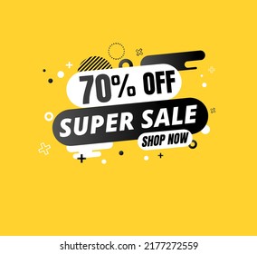 70% off, super sale Sale, special offer and sale banner. Buy now. Yellow design, promotion, vector illustration