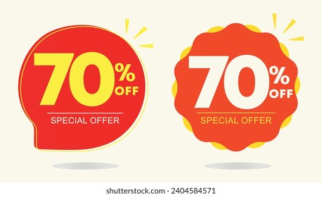 70% off. Tag special offer, sticker. Poster ten percent off price, value. Red and yellow balloon. Advertising for sales, promo, discount, shop. Symbol, icon, vector