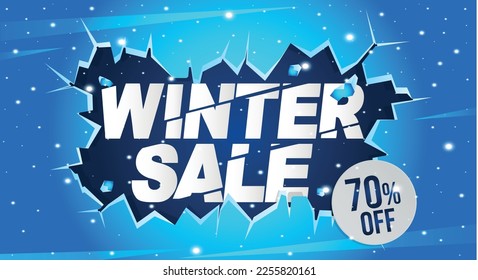 70% off. Winter banner with seventy percent discount on a blue balloon for winter sales.