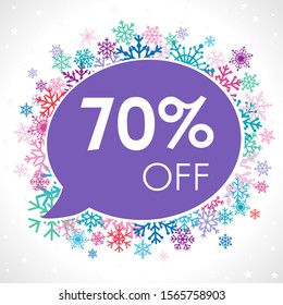 Up to 70%, -70% off winter blue logotype. Talking cloud frame, snow set and white paper background. 70 th years old logo. Speaking bubble. Promotion digits. Isolated abstract graphic design template.