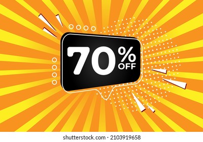 70% off. Yellow banner with seventy percent discount on a black balloon for mega big sales.