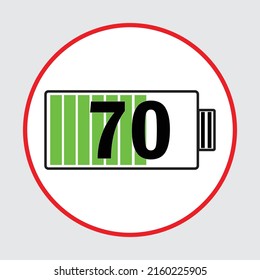 70% carga de batería icono plano, imagen de icono, símbolo vectorial de bajo nivel de potencia de la batería