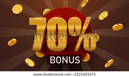 70 percent bonus with falling golden coins. Cashback or prize concept. Vector illustration