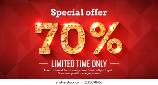 70 Percent Bright Red Sale Background with golden glowing numbers. Lettering - Special offer for limited time only