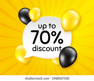 Up to 70 percent Discount. Balloon party banner with speech bubble. Sale offer price sign. Special offer symbol. Save 70 percentages. Birthday balloon yellow vector background. Vector