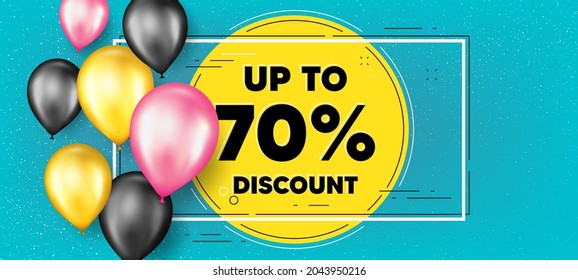 Hasta un 70% de descuento. Pancarta de promoción de marco de globos. Señal de precio de oferta de venta. Símbolo de oferta especial. Ahorra 70 por ciento. Recortar el fondo del marco de texto de la etiqueta. Pancarta de globos de partido. Vector