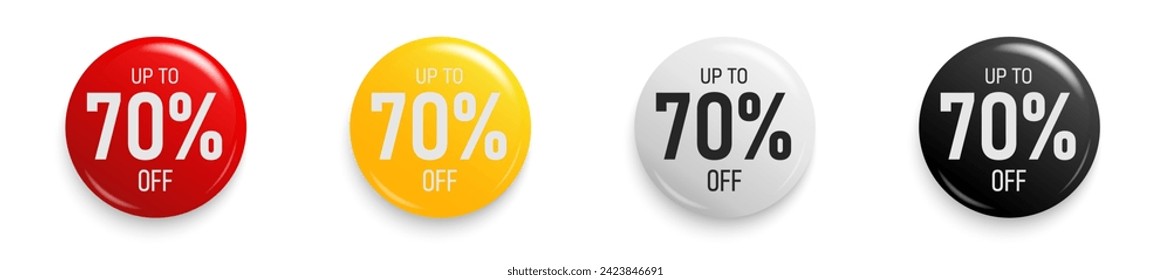 Hasta un 70% de descuento. Cartel de la parodia de la etiqueta adhesiva. Juego de insignias de promoción para marketing de compras y venta de autorización de publicidad, oferta especial, Ahorra 70 por ciento. Ilustración vectorial.