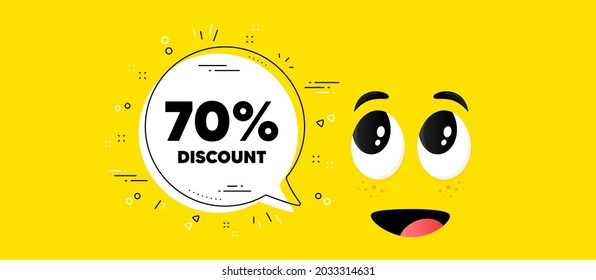 70 percent Discount. Cartoon face chat bubble background. Sale offer price sign. Special offer symbol. Discount chat message. Character smile face background. Vector