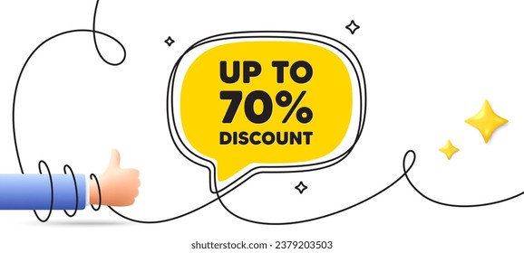 Up to 70 percent discount. Continuous line art banner. Sale offer price sign. Special offer symbol. Save 70 percentages. Discount tag speech bubble background. Wrapped 3d like icon. Vector