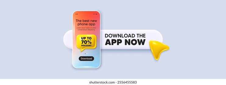 Up to 70 percent discount. Download the app now. Phone mockup screen. Sale offer price sign. Special offer symbol. Save 70 percentages. Phone download app search bar. Discount tag text message. Vector