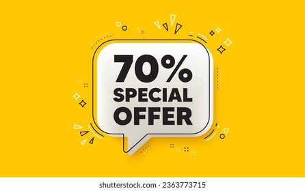 70 percent discount offer tag. 3d speech bubble yellow banner. Sale price promo sign. Special offer symbol. Discount chat speech bubble message. Talk box infographics. Vector