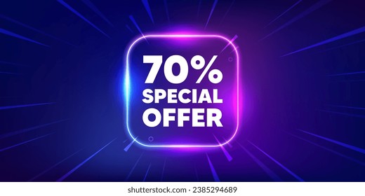 70 percent discount offer tag. Neon light frame box banner. Sale price promo sign. Special offer symbol. Discount neon light frame message. Vector