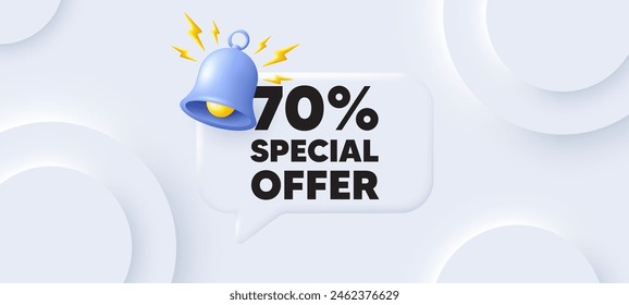 70 percent discount offer tag. Neumorphic background with chat speech bubble. Sale price promo sign. Special offer symbol. Discount speech message. Banner with bell. Vector