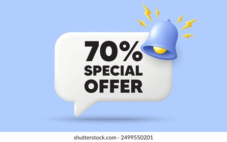 70 percent discount offer tag. 3d speech bubble banner with bell. Sale price promo sign. Special offer symbol. Discount chat speech message. 3d offer talk box. Vector